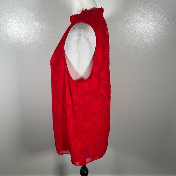 Michael Kors Blouse Top Womens Large Red Embossed Floral Shirred Neck Sleeveless - Picture 6 of 15